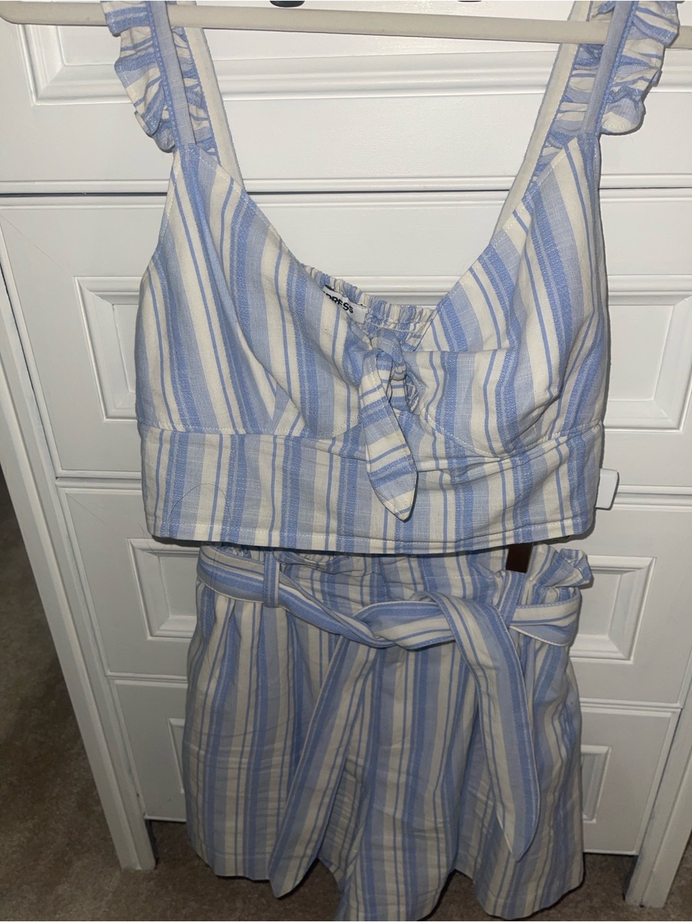Express Light Blue and White Striped Tie-Front Crop Top + Skirt Set